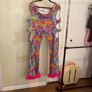 #27 Colorful Floral Cutout pants  with Pink Fur Trim